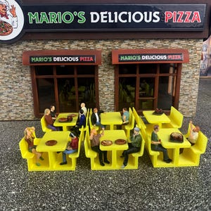 1-64 scale diorama  furniture and people figurines visiting a fast food cafe or restaurant