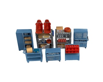 1-64 garage diorama workshop Furniture Set for diecast S scale cars -  rafts, carts, boxes, tools, stuff