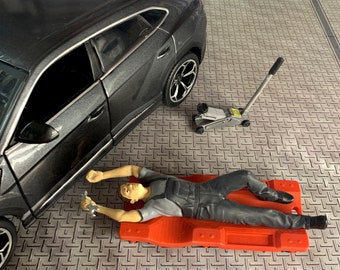 1:18 scale Diorama Garage car service mechanic on a cart under the car