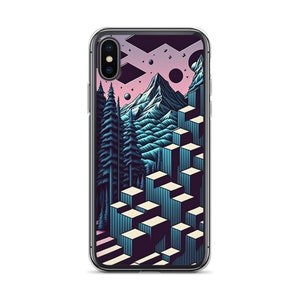 May include: A phone case with a geometric design featuring a mountain range, trees, and a pink and blue sky. The design is in a pixelated style.