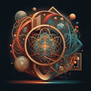 Puede incluir: Arte digital abstracto con un diseño complejo y en espiral, centrado en una estructura atómica. La obra está compuesta por varios tonos de naranja, marrón, azul y verde, creando una composición vibrante y compleja.