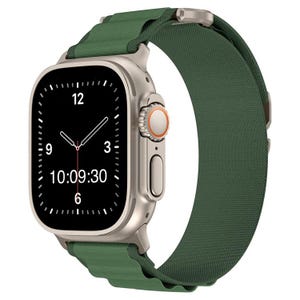May include: A silver smartwatch with a dark green band. The watch face displays the time as 10:09:30. The band is made of a textured material and has a magnetic closure. The watch has a digital display and a side button.