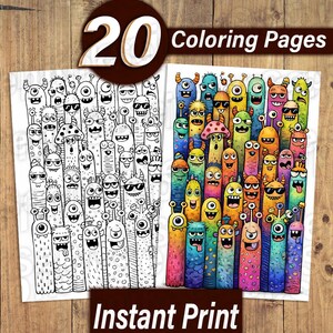 May include: Two coloring pages with monster illustrations. One page is black and white, the other is colorful. The text on the image says "20 Coloring Pages" and "Instant Print". The pages are on a wooden surface.