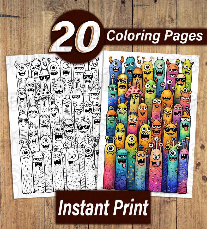 May include: Two coloring pages with monster illustrations. One page is black and white, the other is colorful. The text on the image says "20 Coloring Pages" and "Instant Print". The pages are on a wooden surface.