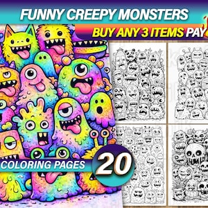 20 Funny Creepy Monster Coloring Pages | Doodle Art (Digital Download) image 1