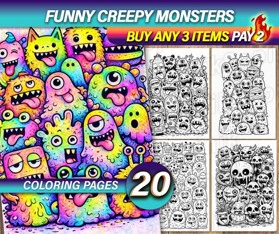 20 Funny Creepy Monster Coloring Pages | Doodle Art (Digital Download)