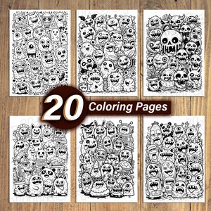 May include: A collection of six black and white coloring pages featuring whimsical monster doodles. The pages are arranged on a wooden surface, with a circular graphic that reads "20 Coloring Pages". Each page is filled with unique monster designs.