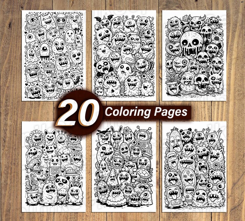 May include: A collection of six black and white coloring pages featuring whimsical monster doodles. The pages are arranged on a wooden surface, with a circular graphic that reads "20 Coloring Pages". Each page is filled with unique monster designs.