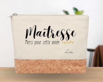 Personalized cork-based pencil case for teachers, end-of-year gift, school gift. Personalized teacher pouch. Personalized gift.
