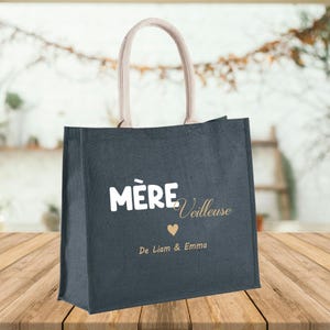 Sac cabas en jute à personnaliser mère veilleuse, Anniversaire maman, fête des mères, idée cadeau maman