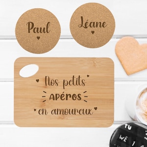 Personalized Valentine&#39;s Day aperitif board with coasters - Valentine&#39;s Day gift box, couple gift, personalized wedding gift