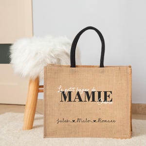 Personalizowana torba jutowa „Le Petit Bazar de Mamie Chérie” – Personalizowany prezent dla babci, urodziny babci, torba dla babci, dzień babci