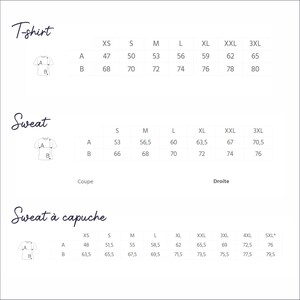 Puede incluir: Una tabla de tallas sobre fondo blanco para camisetas, sudaderas y sudaderas con capucha. Las tallas van de XS a 5XL, con medidas A y B en cent&iacute;metros. Los textos incluyen "T-shirt", "Sweat" y "Sweat &agrave; capuche".