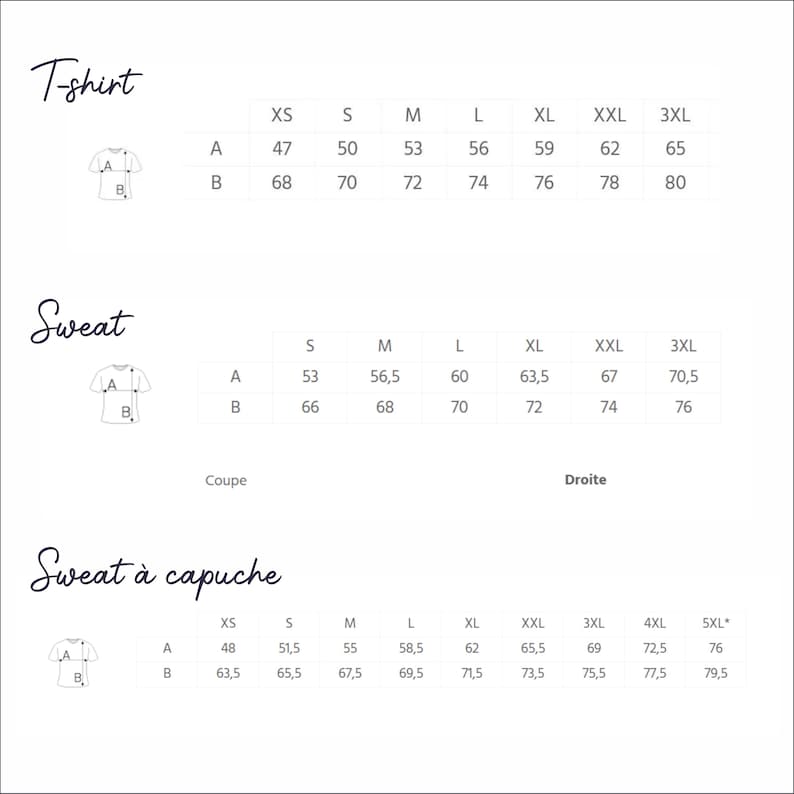 Puede incluir: Una tabla de tallas sobre fondo blanco para camisetas, sudaderas y sudaderas con capucha. Las tallas van de XS a 5XL, con medidas A y B en cent&iacute;metros. Los textos incluyen "T-shirt", "Sweat" y "Sweat &agrave; capuche".