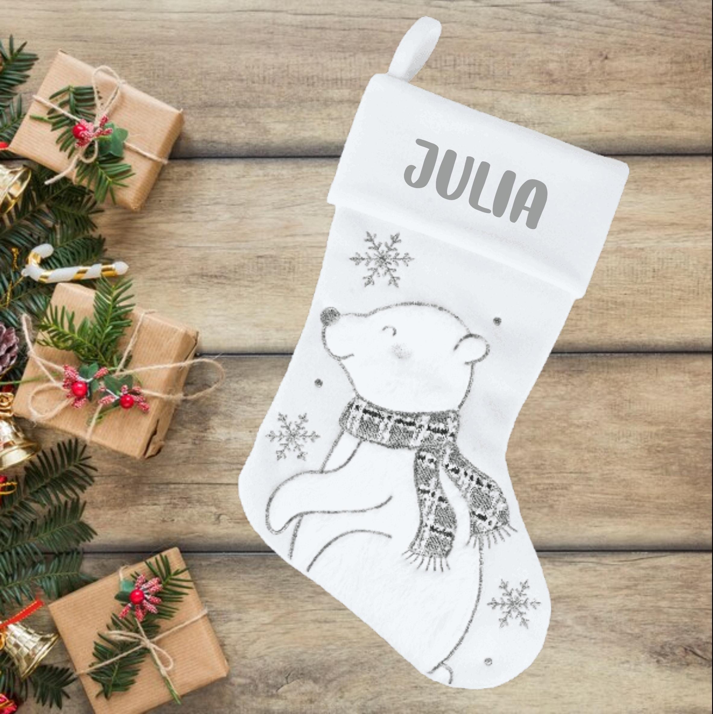 パーソナライズされたクリスマスストッキング、名前入りのキラキラ輝く