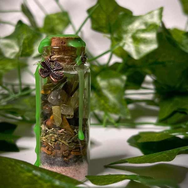 Good Luck Spell Jar with Organic Herbs, Crystals and Four Leaf Clover Good Luck Charm, Intended to Bring Good Luck and Prosperity