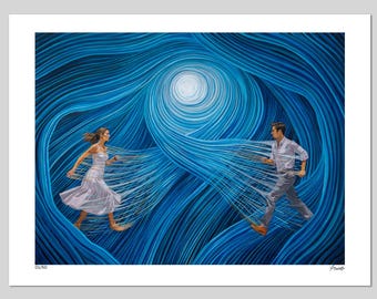 May include: A print featuring a man and woman running through a swirling blue tunnel. The woman wears a white dress, and the man wears a light blue shirt and gray pants. The artwork has a surreal, dreamlike quality.