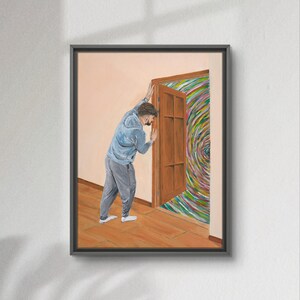 May include: A painting of a person pushing open a door that leads to a swirling, colorful vortex.