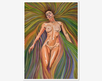 May include: An oil painting of a nude figure with long, flowing hair in shades of green, yellow, orange, and red. The figure is lying down with arms outstretched, creating a sense of movement and fluidity. The artwork is a vibrant and colorful depiction of the human form.