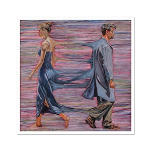 May include: A painting depicting a man and a woman walking away from each other. The woman is wearing a blue dress and the man is wearing a grey coat. The background is a series of colourful stripes.