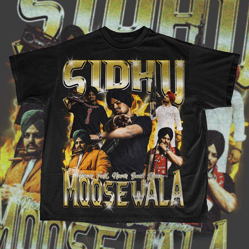 May include: Black t-shirt with a graphic print of a group of men wearing turbans. The graphic features the text "Sidhu Moosewala" in gold lettering.