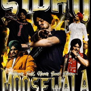 May include: A black and gold graphic t-shirt with a portrait of a man wearing a turban and a black shirt. The text "Sidhu Moose Wala" is written in gold letters with a flame background. The text "Never Fold, Never Back Down" is written in white letters below the portrait.