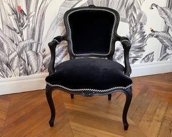 Vintage-Sessel im Stil Louis XV – 100 % schwarzer Baumwollsamt – Houlès-Borte – Französischer Klassiker neu interpretiert im „Rock“-Stil!