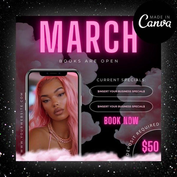 March Hair Flyer March Books Open March Booking Hair Flyer March Beauty Flyer Book Now Flyer Hair Installs Flyer March Bookings Spring Flyer