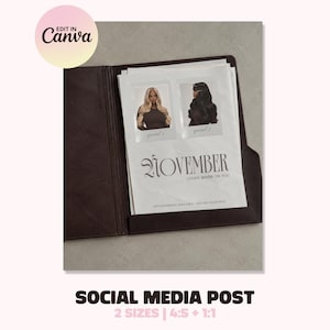 May include: A dark brown folder containing a white flyer with two polaroid-style photos of individuals with long hair. The flyer features the text NOVEMBER LOOKS GOOD ON YOU, APPOINTMENTS AVAILABLE, and SECURE YOUR SPOT in black font.