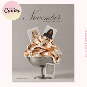 May include: A social media post template featuring a silver pedestal bowl filled with toasted meringue. Two polaroid-style frames show portraits of individuals, while a third frame displays text. The graphic includes the text November Bookings Are Open.