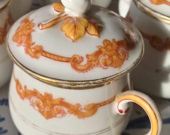 6 potes de creme franceses antigos, sobremesa, pudim, xícaras de porcelana, serviço colecionável, rosa, coral, ouro, motivo floral grotesco