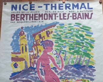 Pôster vintage dos anos 60 com propaganda de viagem da Riviera Francesa, Mediterrâneo, Nice, com banhos termais, spa, Berthemont-les-Bains, Emmanuel Bellini, Robaudy, Cannes.
