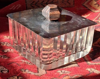 Art Deco leaded glass cut crystal box chrome lid Macasser Ebony handle French moderne antique linear geometric streamline