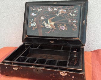 Antique Asian art lacquer box Pagoda chest Mother-of-pearl Inlay compartmental incense tray flora fauna dressing table jewelry boxes