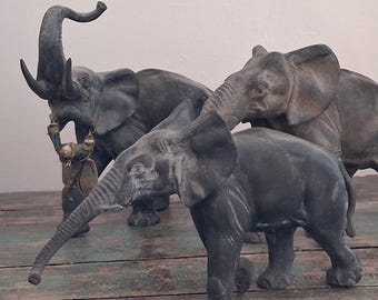 Antique Elephant family statuary garden bestiary menagerie animal art African wildlife sculptures collectible Pachyderm figurines zoomorphic