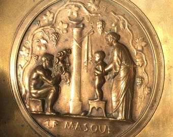 Bandeja de bronze com pés Tazza de arte francesa antiga, fundição Ferdinand Levillain Le Masque F. Barbedienne