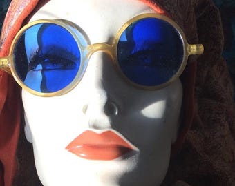 Antique Sunglasses blue glass round lens Celluloid frames 1920s spectacles Art Deco cruise wear sightseeing shades clairvoyant classic