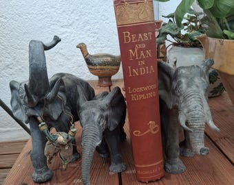 Antique Elephant bookend figurines animal art collectible sculptures family wildlife menagerie African  bestiary zoomorphic