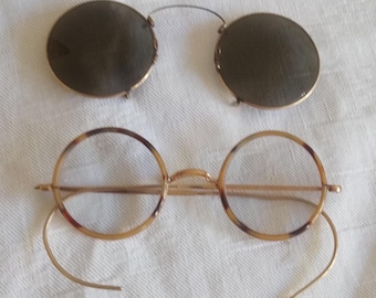 Antique Windsor eyeglasses 12K gold wire horn rim frames clip on Sunglasses green glass round lenses jeweler handcrafted unisex eyewear