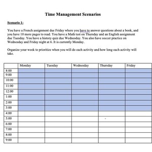 May include: A time management chart with a blue background and white grid lines. The chart is labeled with the days of the week: Monday, Tuesday, Wednesday, Thursday, and Friday. The chart is divided into one-hour increments from 8:00 AM to 9:00 PM.