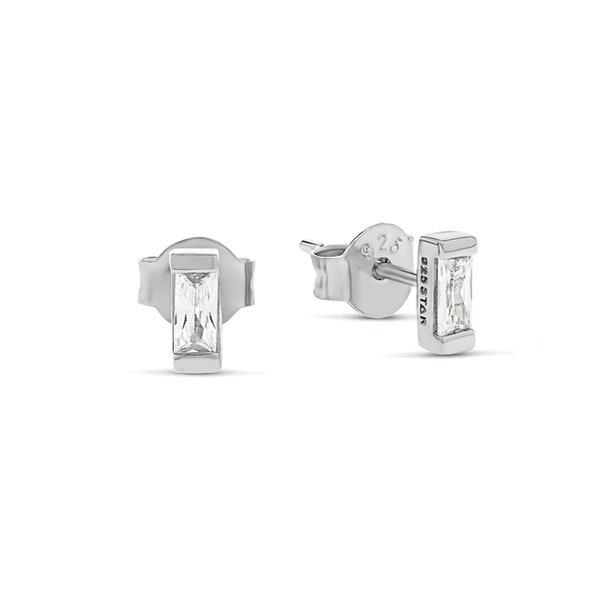 Minimalist Baguette Studs Earring, 928 Sterling Silver, CZ Stud earrings, Tiny Baguette Stud, Rectangle Top - 5mm x 2mm cz