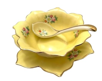 1930’s vintage Japanese yellow lotus triplet dessert set gold gilding floral feature porcelain vgc