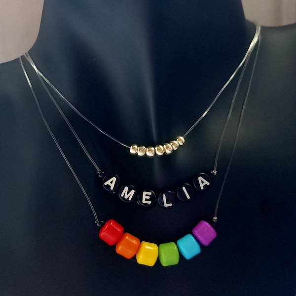 Invisible Necklace, Transparent Necklace, unsichtbare Halskette mit Namen / LGBT Rainbow transparente Halskette, Silver Bead, LGBT Halskette