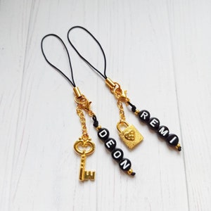 KEY and LOCK Couple Phone Charm Strap nom personnalisé, barre de personnalisation, Handyanhänger mit Namen, Handyanhänger personalisiert COUPLE KeyLock GOLD