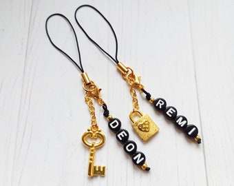 KEY and LOCK Couple Phone Charm Strap nom personnalisé, barre de personnalisation, Handyanhänger mit Namen, Handyanhänger personalisiert