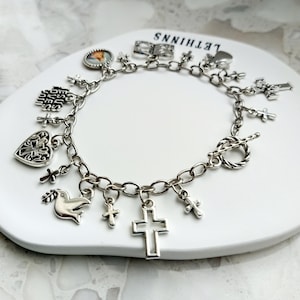 Religious Charm Bracelet in Silver Tone, Custom Size, Catholic Christian Jewelry with Crosses, Angel & Saint Charms, Faith Gift