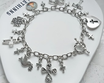 Pulsera con dije religioso hecha a mano, tono plateado, regalo de fe cristiana