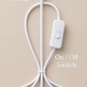 May include: A white electrical cord featuring a US plug, an on/off switch, and the text "110V - 120V". The cord is looped and tied together. The background is a plain beige colour.