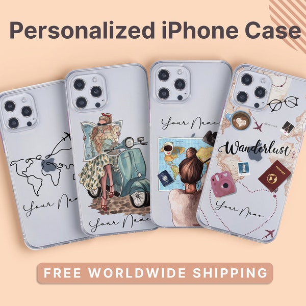 Funda personalizada para iPhone de viaje, funda transparente personalizada para iPhone con iniciales de nombre, equipaje, mapa Vespa Pasaporte iPhone 14+ 13