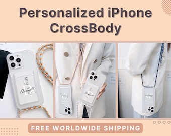 Coque personnalisée pour iPhone Crossbody Couverture personnalisée avec porte-cartes Portefeuille Iphone 14 Iphone 13 Pro Lanyard Strap Nom initial Couverture transparente